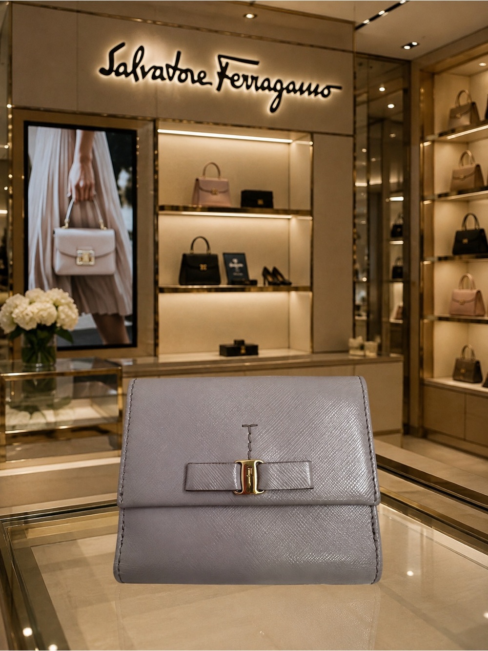 Salvatore Ferragamo Vara Grey Leather Card Holder Wallet